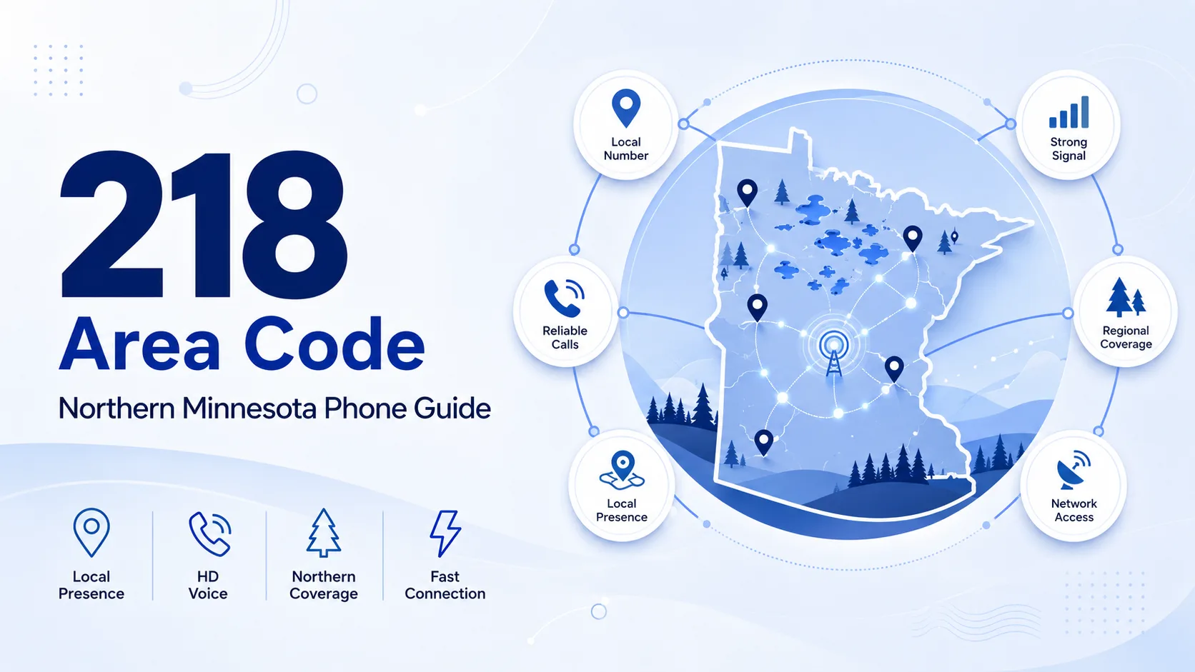 218 Area Code: Northern Minnesota Phone Guide — map of northern Minnesota with local presence, HD voice, northern coverage, and fast connection icons