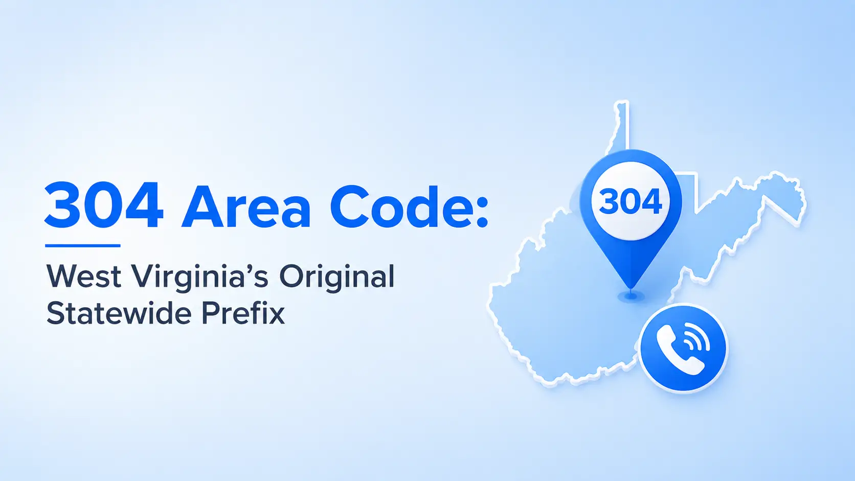 304 area code map of West Virginia with a location pin over the state and a phone icon