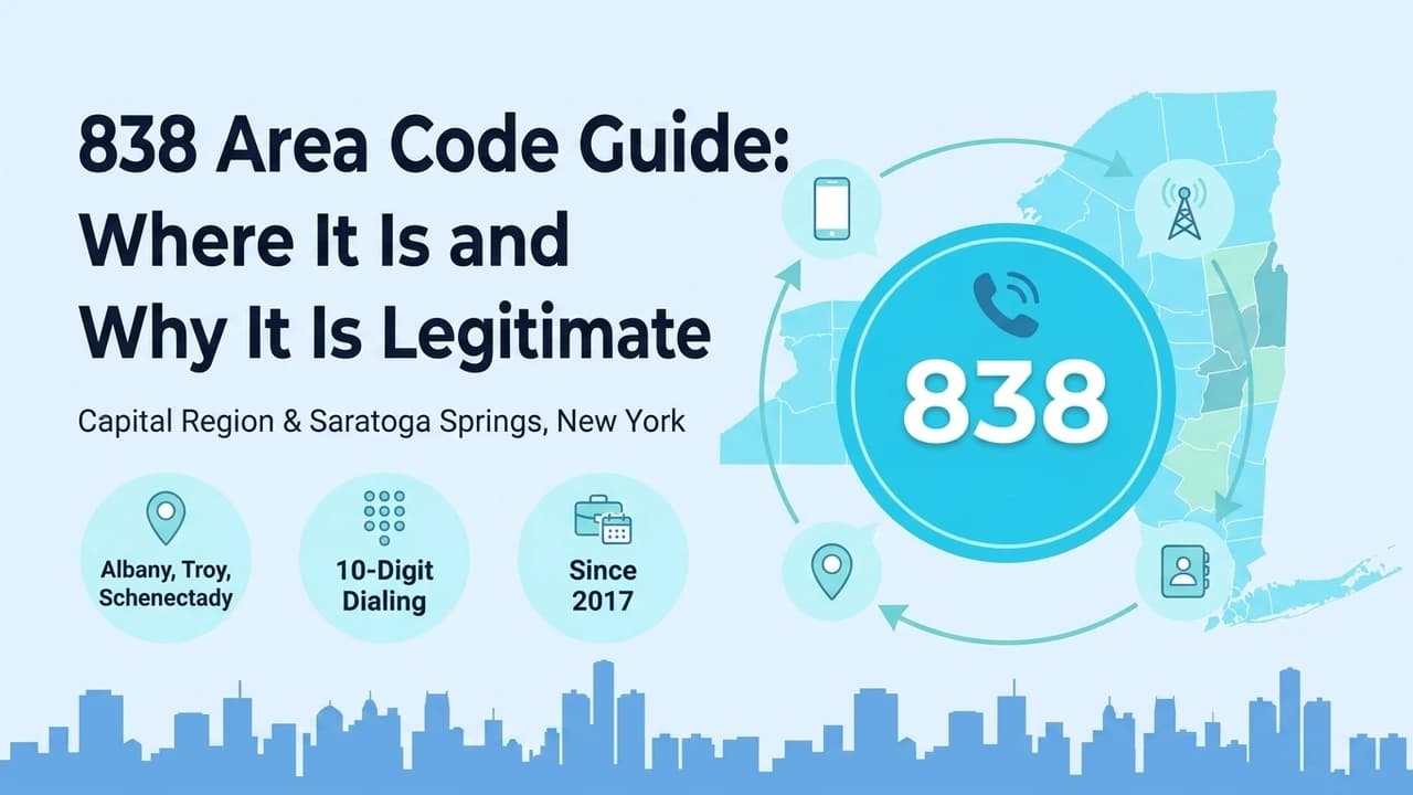 838 Area Code Guide: Where It Is and Why It Is Legitimate — map showing the 838 overlay covering Albany, Troy, and Schenectady in New York's Capital Region
