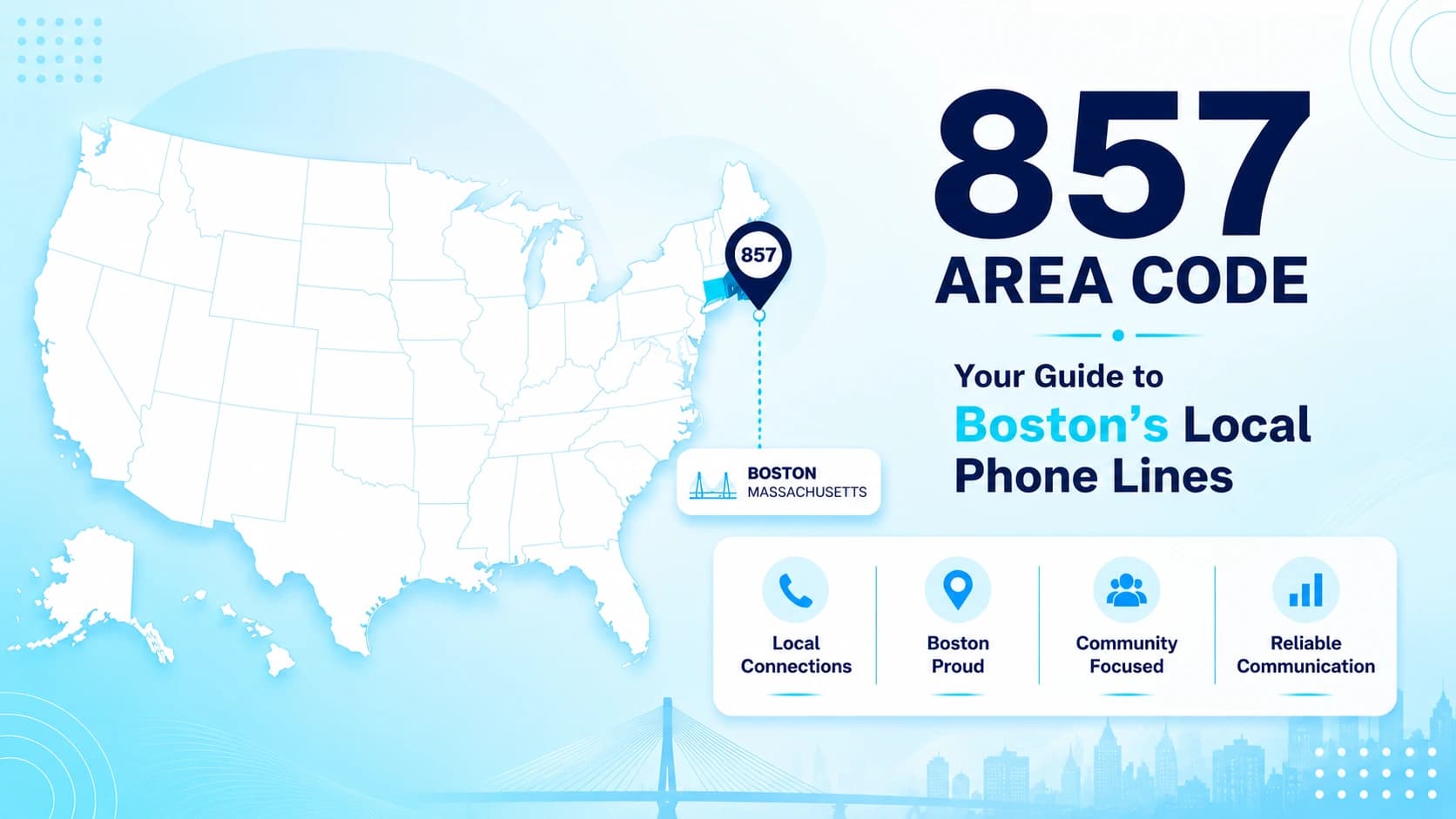 Boston skyline graphic representing the local 857 phone prefix across Greater Boston