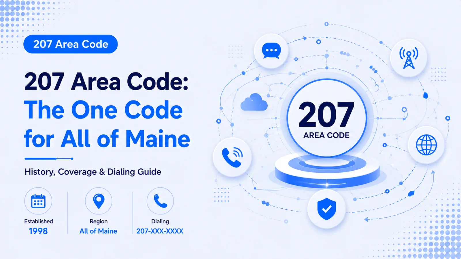 207 Area Code: The One Code for All of Maine — hero graphic with statewide coverage, dialing format, and history badges
