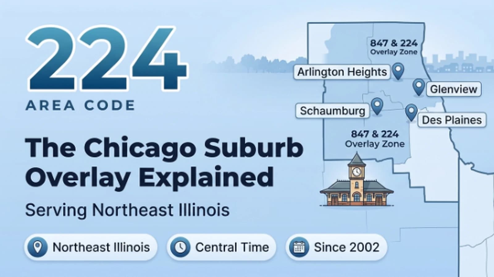 224 area code overlay map of Chicago's North Shore and northwest suburbs, serving Northeast Illinois since 2002