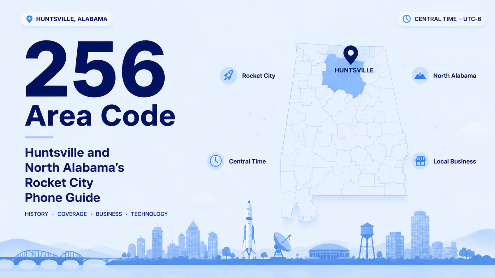 256 area code map of Huntsville and North Alabama, the Rocket City region covering aerospace, coverage, business, and technology