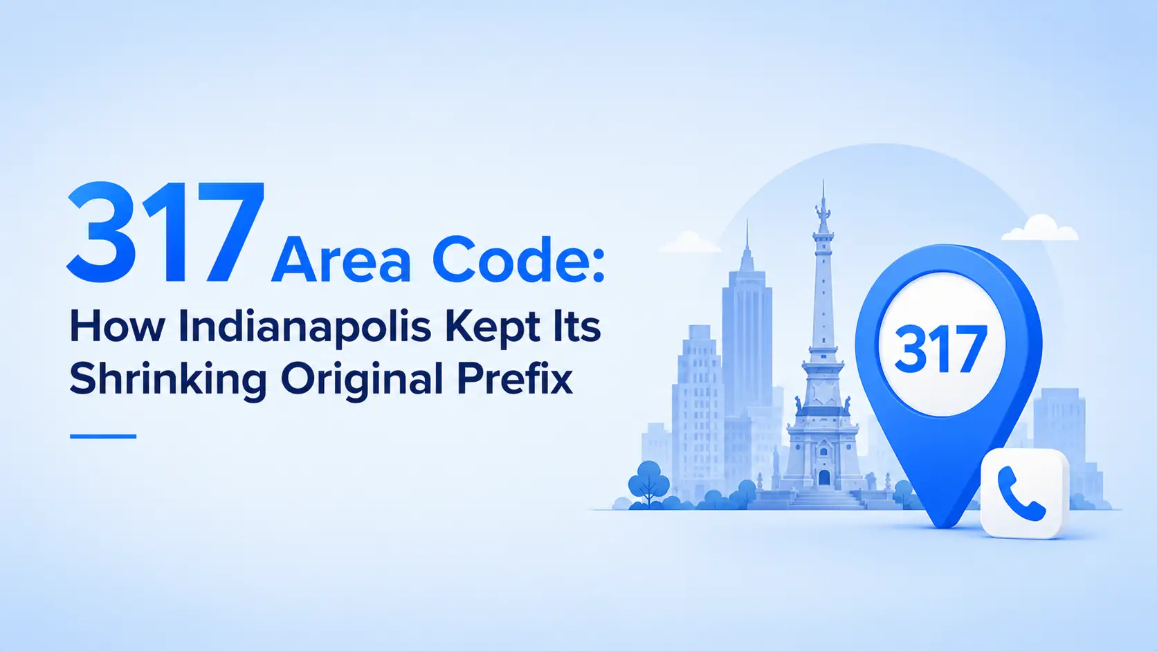317 area code map pin over the Indianapolis skyline representing Indianapolis metro phone coverage
