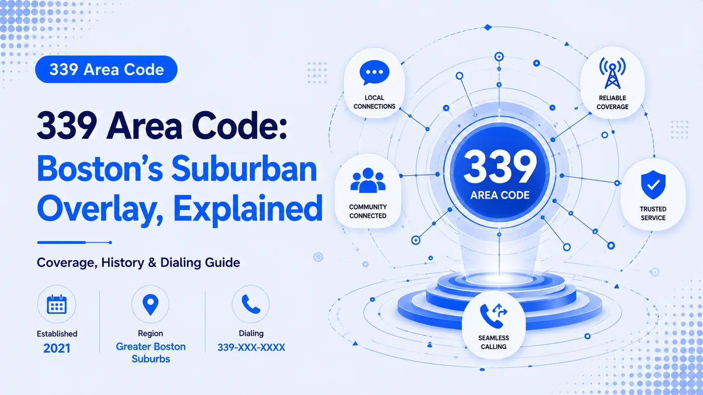 339 Area Code: Boston's Suburban Overlay, Explained — hero graphic with regional coverage, dialing format, and history badges