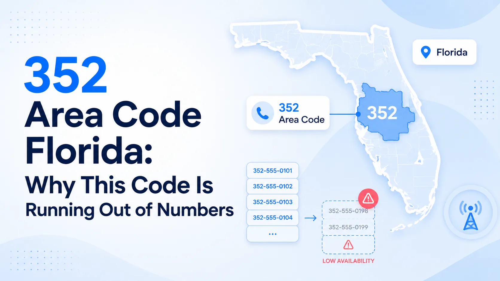 352 area code Florida map highlighting the north-central Florida region and low remaining number availability