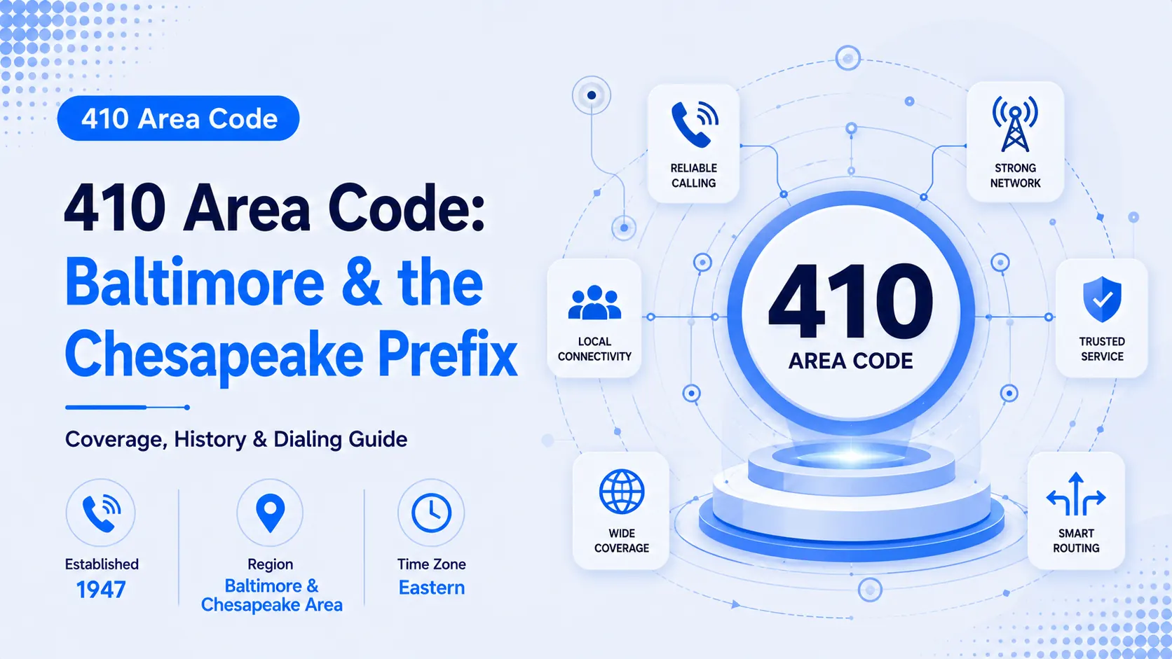 410 Area Code: Baltimore & the Chesapeake Prefix — hero graphic with regional coverage, dialing format, and history badges