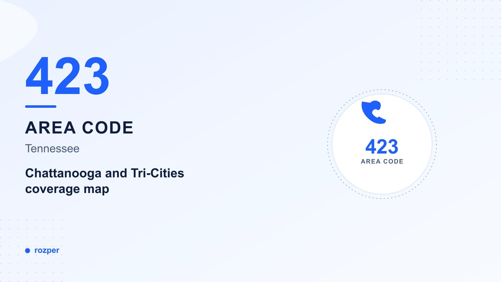 Map of the 423 area code covering Chattanooga and the Tri-Cities region of East Tennessee