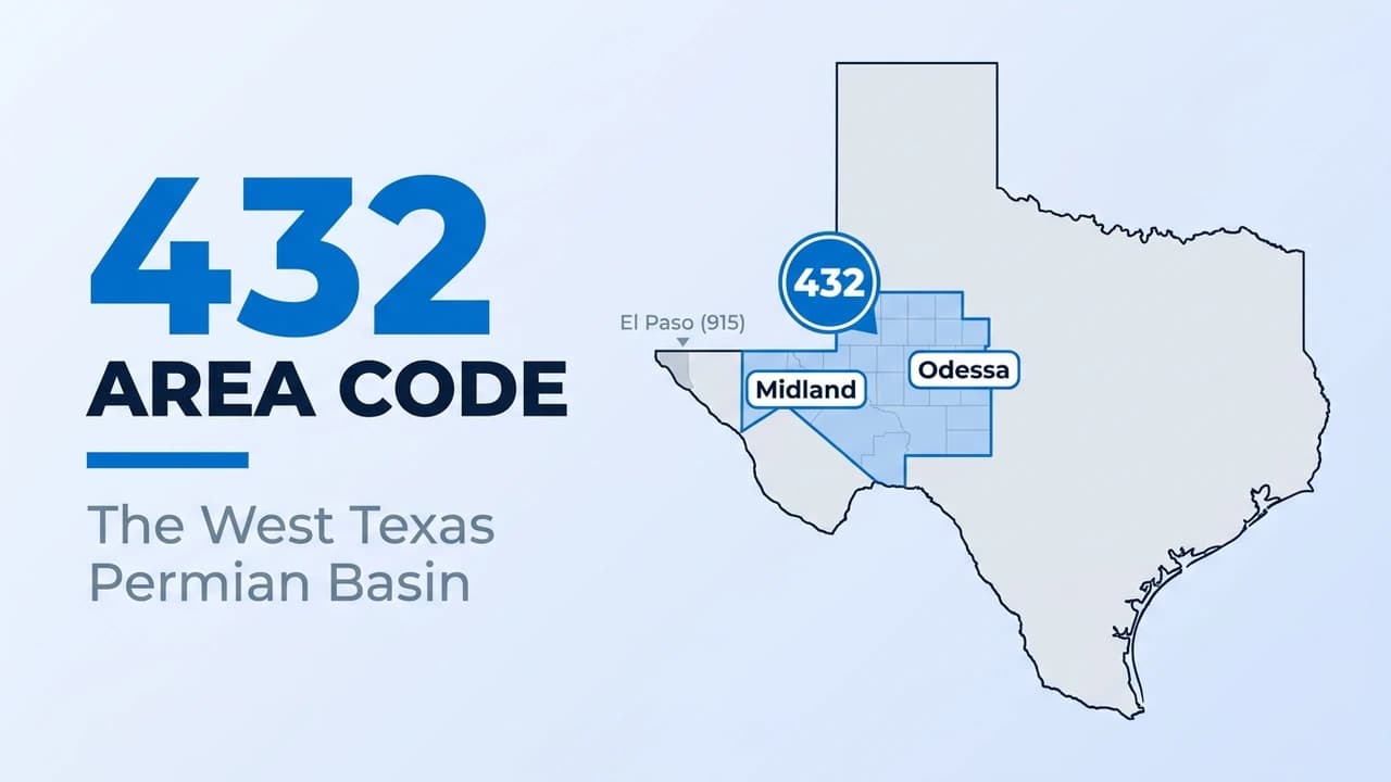 432 area code map of the West Texas Permian Basin covering Midland, Odessa, and the Trans-Pecos