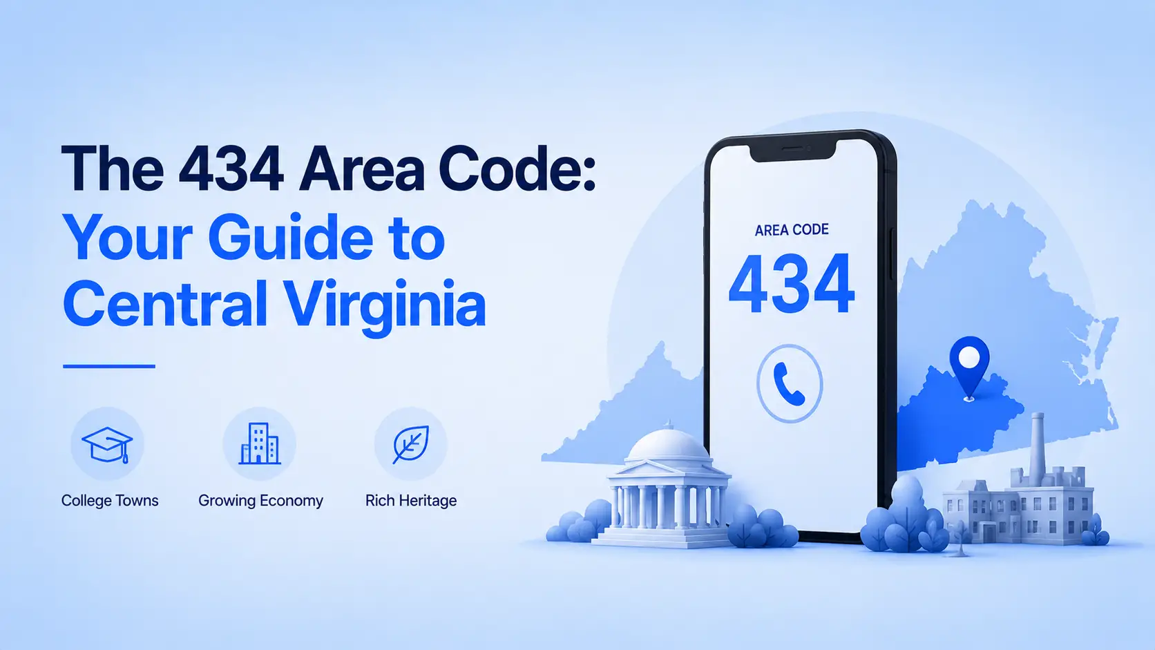 434 area code map of Central Virginia showing Charlottesville, Lynchburg, and the Piedmont and Southside regions