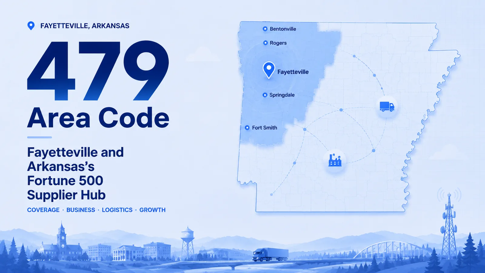 479 area code map of Fayetteville, Bentonville, and Northwest Arkansas's supplier corridor