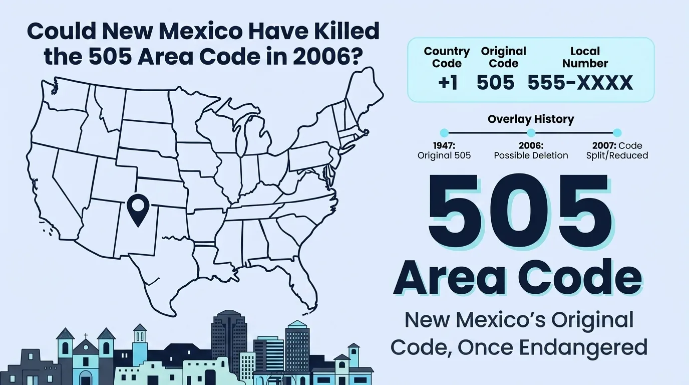 Could New Mexico Have Killed the 505 Area Code in 2006? — US map highlighting New Mexico with the original 505 area code and its 1947-2006-2007 overlay history