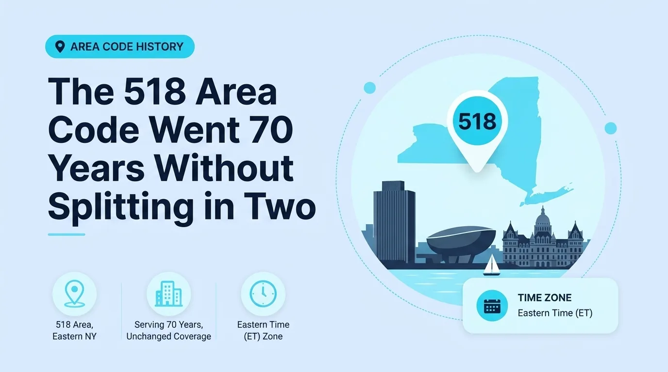 The 518 Area Code Went 70 Years Without Splitting in Two — infographic comparing the original 1947 518 code to the unchanged code still serving the Capital District today