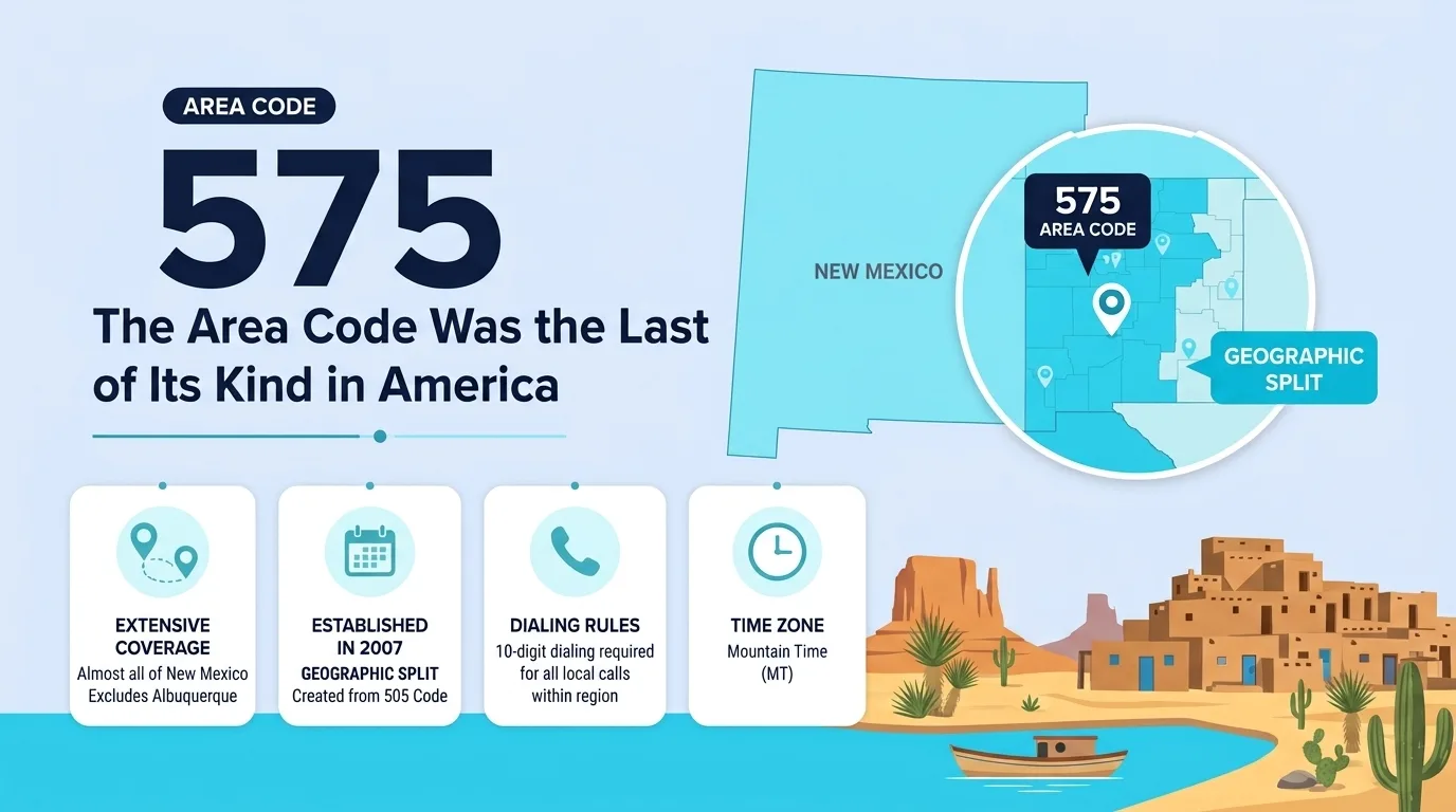 575 The Area Code Was the Last of Its Kind in America — map of the 575 area code region in New Mexico with a desert pueblo illustration