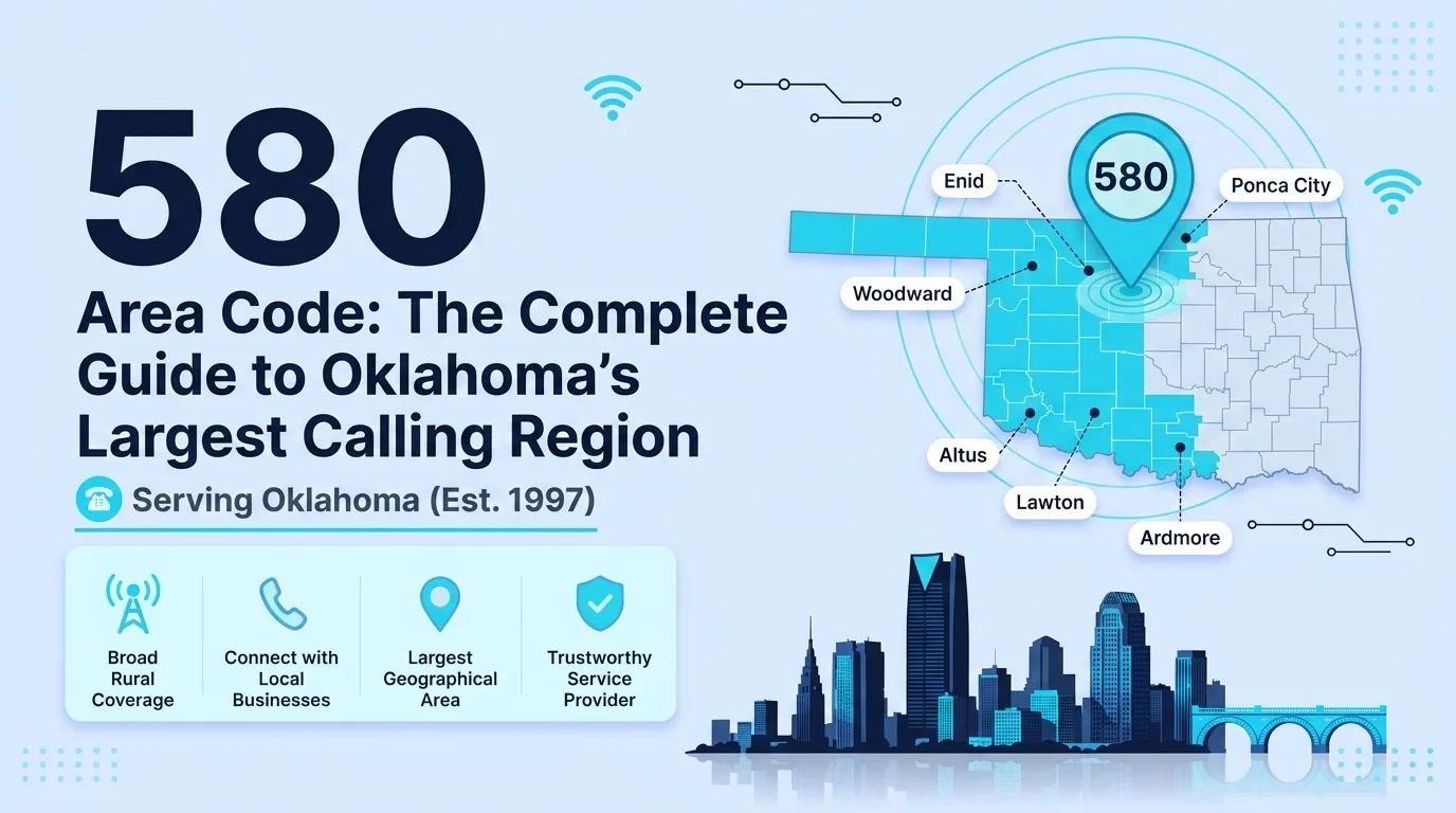 580 area code map of southern and western Oklahoma covering 49 counties from Lawton to Guymon