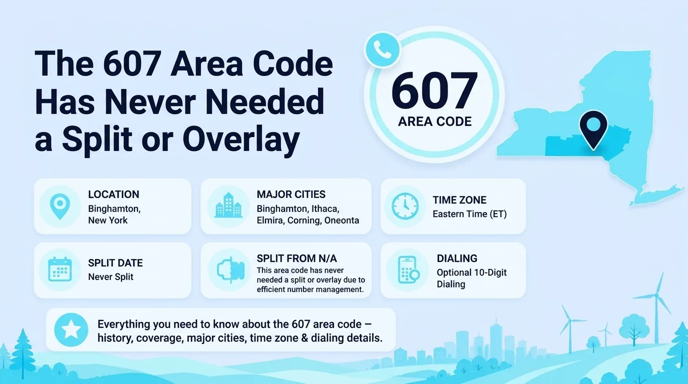 The 607 Area Code Has Never Needed a Split or Overlay — infographic showing 607's location, major cities, time zone, split history, and dialing details across New York's Southern Tier