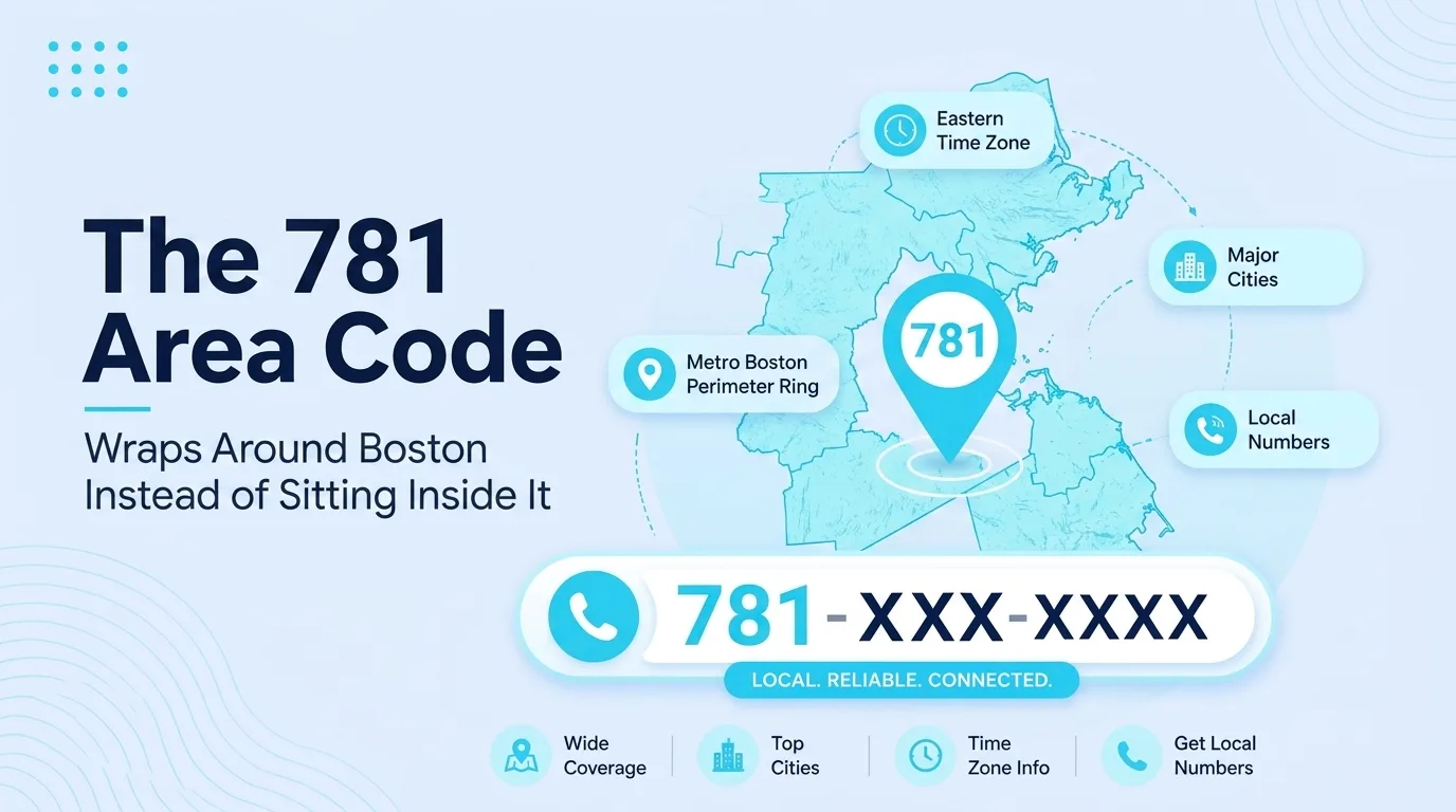 The 781 Area Code Wraps Around Boston Instead of Sitting Inside It — map graphic showing the 781 area code ring around metro Boston with 781-XXX-XXXX dialing format