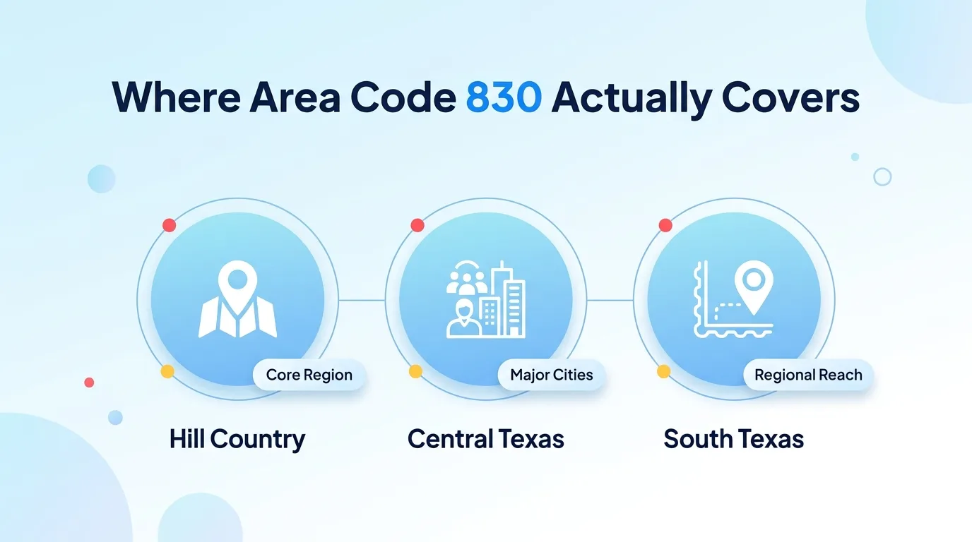 Where Area Code 830 Actually Covers — map of Hill Country, Central Texas, and South Texas counties served by the 830 area code