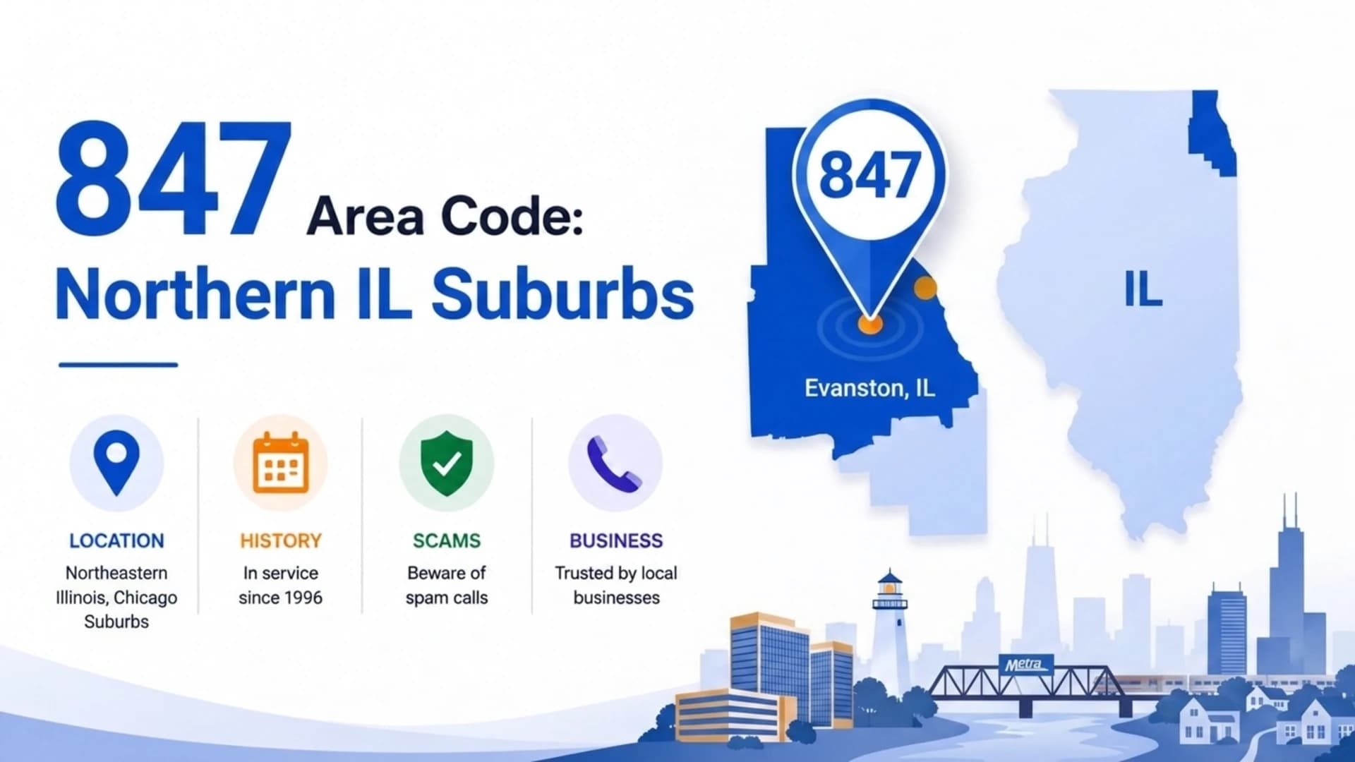 847 Area Code: Northern Illinois Suburbs — location, history, scam warnings, and business trust map centered on Evanston, IL