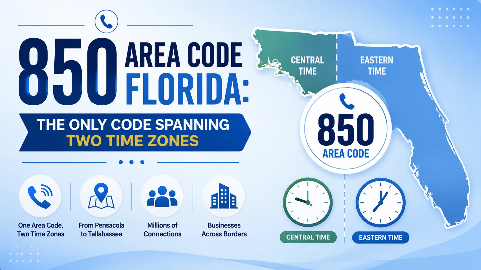850 area code map of the Florida Panhandle split between Central Time and Eastern Time