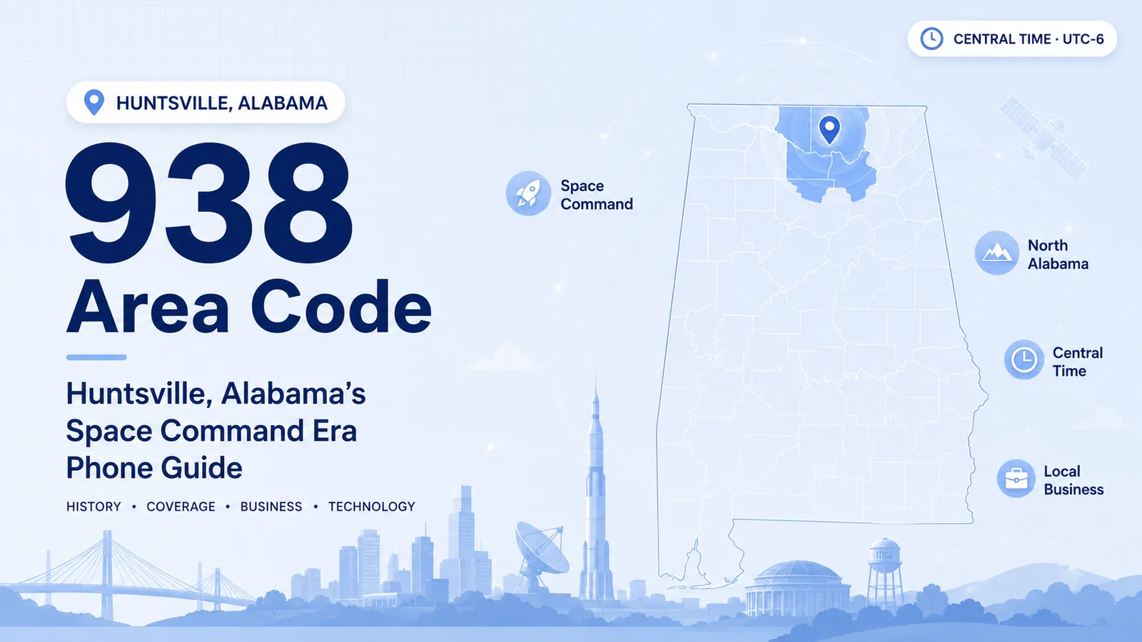 938 area code map of Huntsville, Alabama highlighting Space Command and North Alabama's aerospace corridor