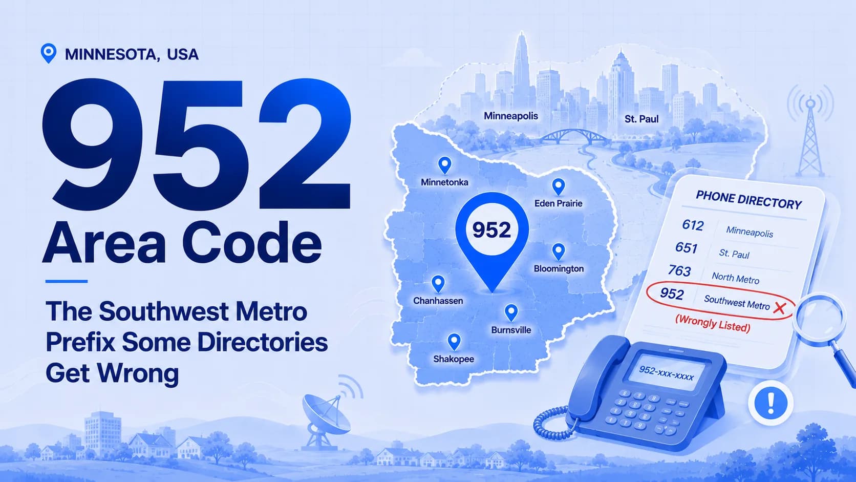 952 Area Code: The Southwest Metro Prefix Some Directories Get Wrong — map of the southwest Twin Cities metro showing Minnetonka, Eden Prairie, Chanhassen, Bloomington, Burnsville, and Shakopee, with a phone directory wrongly listing it under Duluth