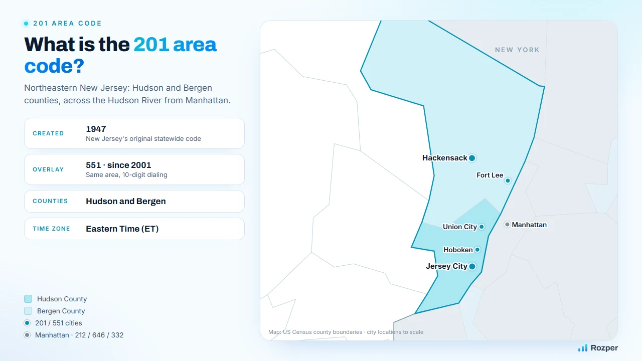 Map of the 201 area code: Hudson and Bergen counties in northeastern New Jersey, across the Hudson from Manhattan
